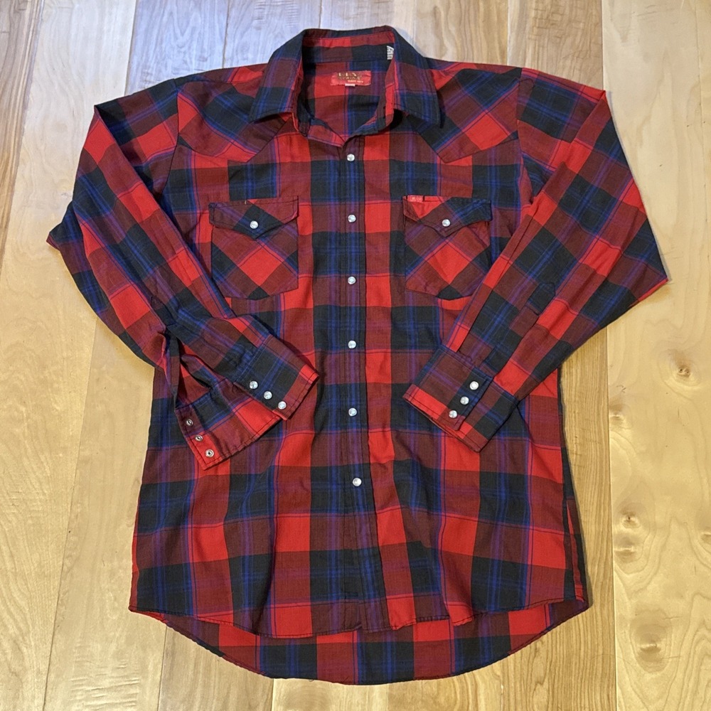 VTG Ely Plains Western Shirt Mens 15.5 M Red Plaid Pearl Snap Cowboy Long Sleeve